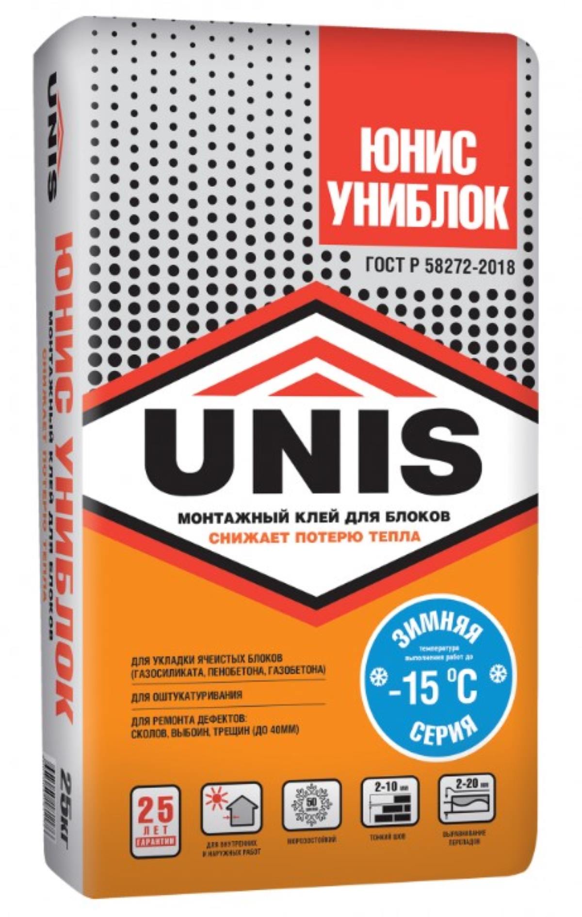 Клей кладочно-монтажный Юнис Униблок зимний 25 кг