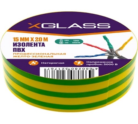 Изолента ПВХ желто-зеленая 15мм х 20м XGlass