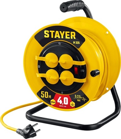 Удлинитель на катушке силовой STAYER ПВС 3х2,5мм2, 50м, 4000вт IP44 М-325