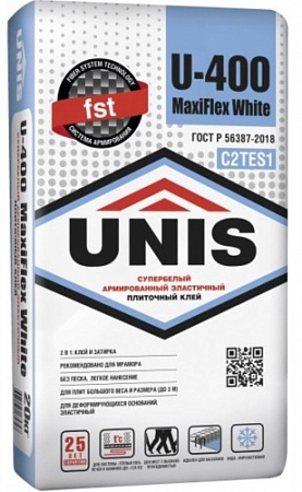 Клей цементный плиточный Юнис U-400 Maxiflex WHITE (C2 TE S1) 20 кг (48)